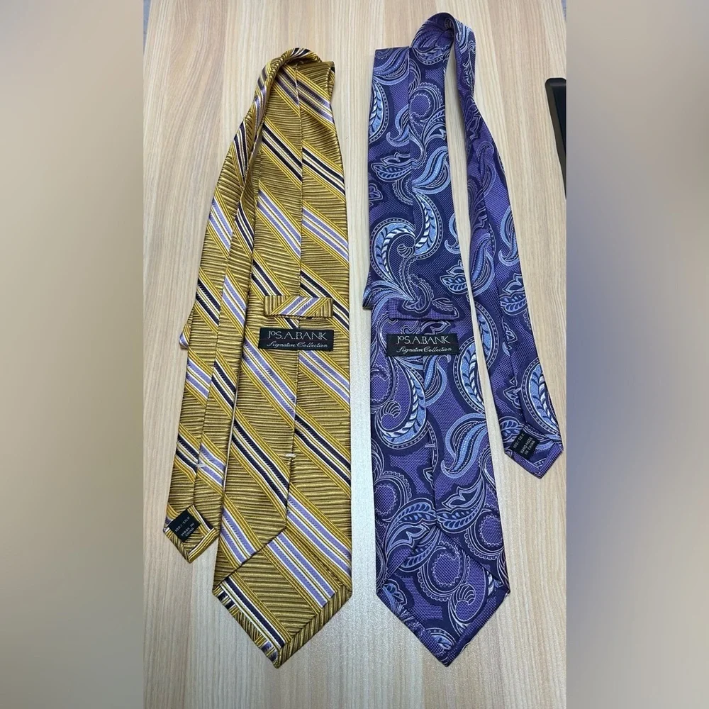 Jos A. Bank set of 2 Gold Purple stripe and Periwinkle Paisley Men's Ties silk